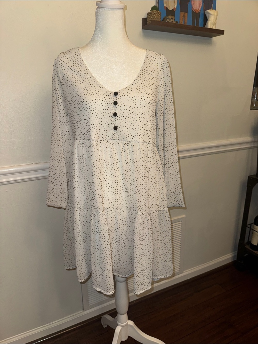 Trixxi White Black Polka Dot Tiered Babydoll Dress Medium